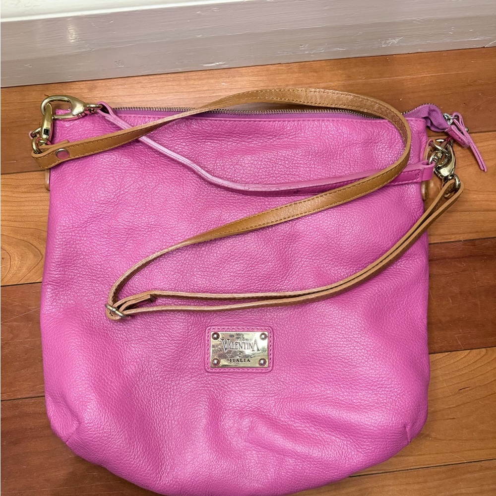 Valentina Vibrant Pink Shoulder Bag with Tan Strap